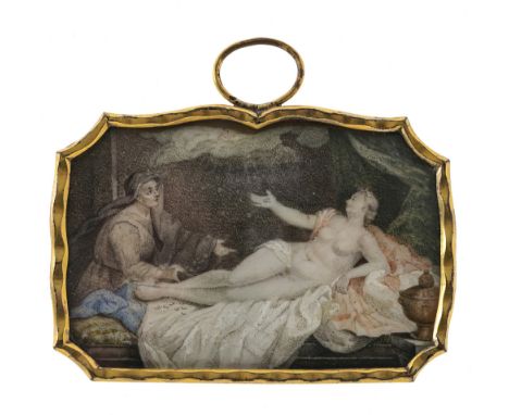 Süddeutsch (?) 18. Jh.

Danaë mit ihrer Dienerin

Aquarell und Deckfarben auf  Elfenbein. 4,8 x 7,5 cm (passig geschweift). V