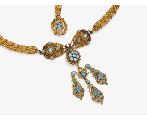 Collier mit Türkisen

Collier: Wohl Frankreich, Anhänger: Wohl Deutschland, um 1820-1830

Collier: Gelbgold 750/-, getestet. 