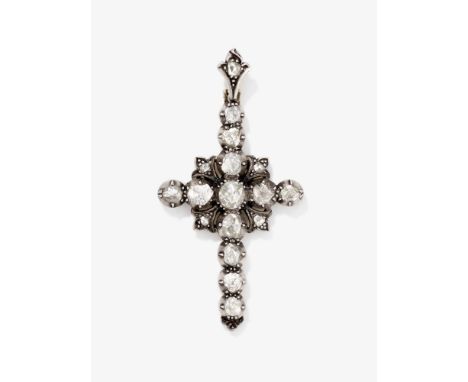Kreuzanhänger mit Diamanten

Wohl Frankreich, Ende 18. Jh.

Gelbgold 750/- und Silber, getestet. 12 große Diamantrosen mit de