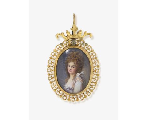 Medaillon mit Bildnisminiatur, Brustbild einer jungen Dame

England, um 1780-1790

Gelbgold 750/-, getestet. Metallstift. Das
