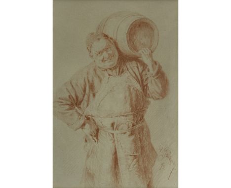 Eduard von Grützner
1846 Großkarlowitz b. Neisse - 1925 München

Mönch mit Weinfass

R. u. signiert und (18)93 datiert. Rötel