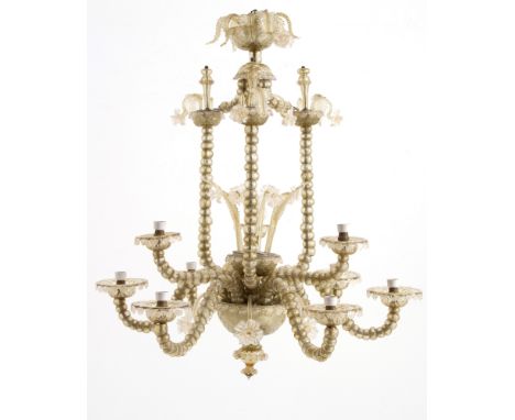 Nine-light chandelier in smoked Murano glass. 19th century. Small defects.&nbsp; 90x85 cm approx. Lampadario nove luci in vet