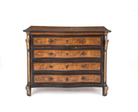 Chest of drawers with a wavy front, veneered in walnut and inlaid in light woods with gilded and ebonized finishes and four d