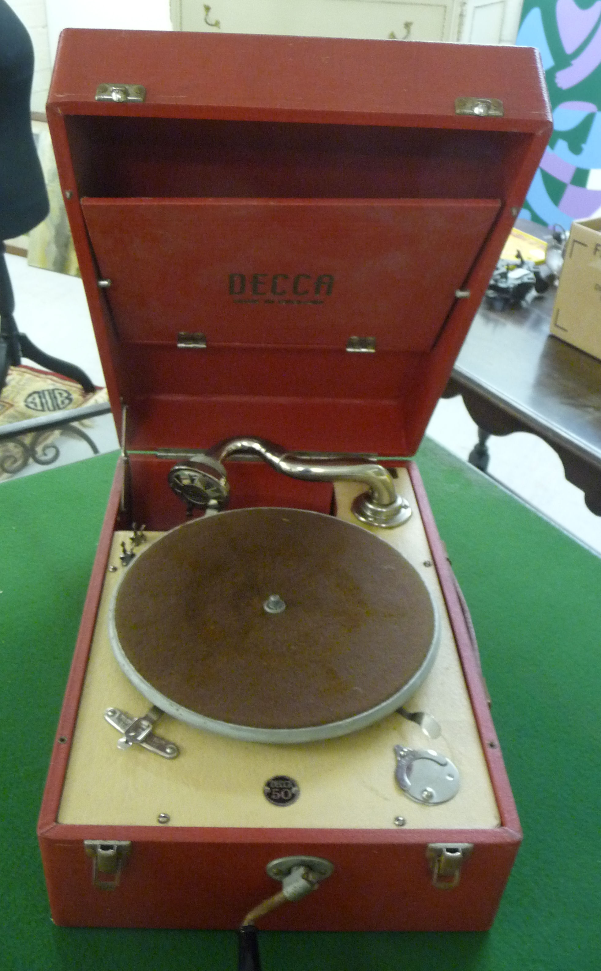 A Mid 20thC Decca 50 Portable Gramophone, In A Red Fabric Covered Case BSR