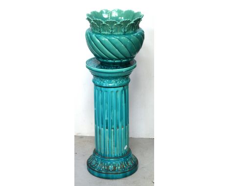 A c1900 Leeds Art Pottery ceramic jardinière and column, total height 93cm.