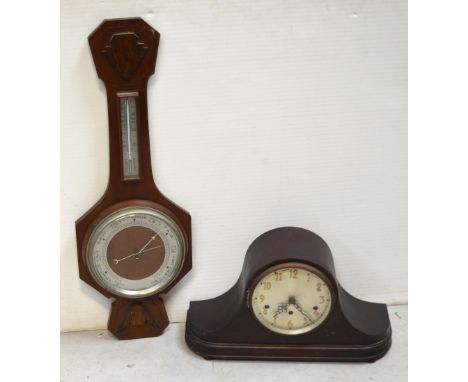 A mahogany-cased mantel clock, silvered dial set with gilt Arabic numerals and a 20th century mahogany wall barometer with si