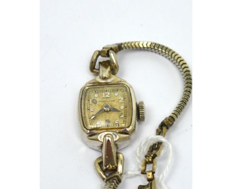 Hamilton; a c1940s ladies wristwatch, 14ct solid white gold case with matching white gold filled bracelet with adjustable cla