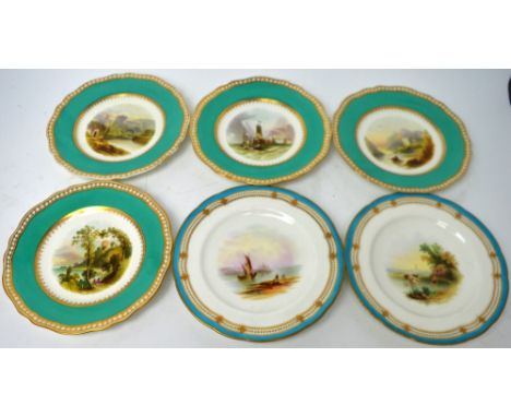 A set of four Copeland painted cabinet plates; 'Scarborough', 'Loch Oich', 'Newark Castle' and 'On the Wye' and two further p