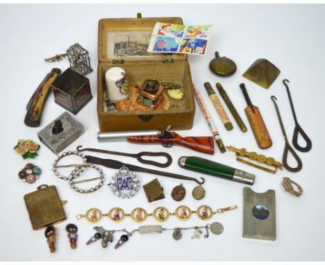 A collectors' lot comprising costume jewellery, a miniature coppered tape measure modelled as a coffee grinder, an oversized 