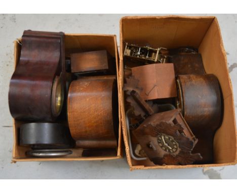 A quantity of clocks to include an early 19th century mahogany Napoleon hat clock with brass inscription, 'Mrs & Mrs Sparks, 