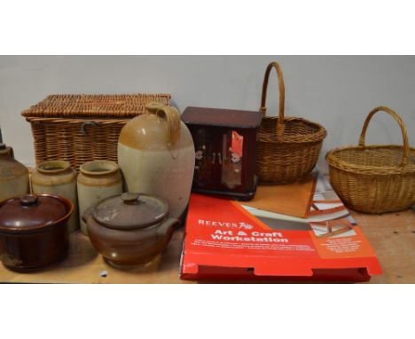 A collectors' lot comprising wicker baskets, a boxed Reeves art and craft wooden work station, jewellery cabinet, stoneware v