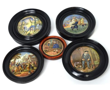 Five 19th century ceramic pot lids; four in ebonised frames, diameter of largest approx 16cm (5).