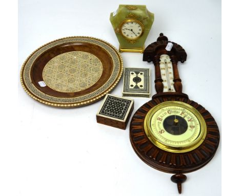 Imhop; an Art Deco style onyx and gilded mantel clock, white dial set with Roman numerals, height 15cm, a mahogany barometer,