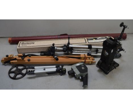 Three various-sized tripods to include an Daler Rowney wooden example and a 9.5mm Pathescope, also a vintage projector and sc