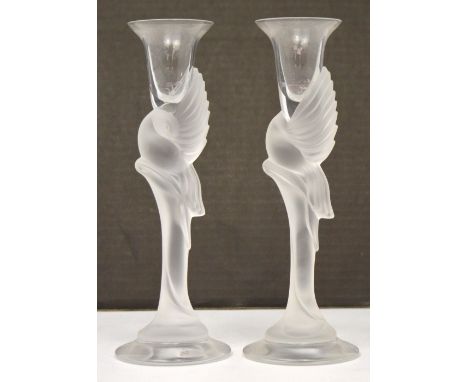 A pair of French crystal candlesticks 'Snow Dove', marked to base 'Gronland Fabergé', height 23cm (2).