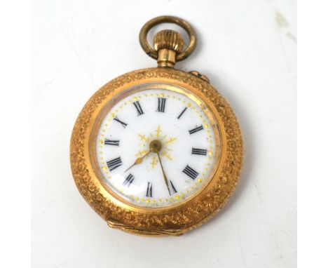 A 14ct Swiss ladies' crown-wind fob watch with enamel courting couple scene to back, white circular enamel dial set with Roma