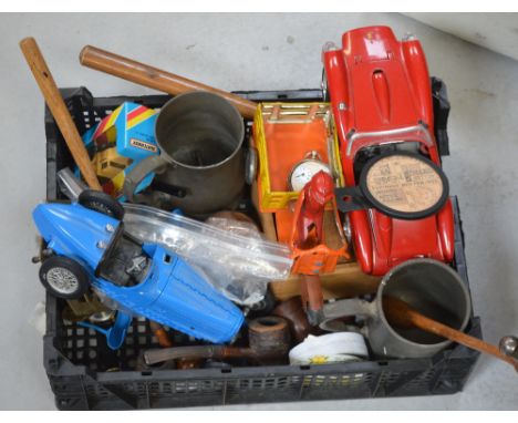 A small collectors' lot to include a Baty small wooden box containing measuring instruments and tools, pewter mugs, a 1931 ca