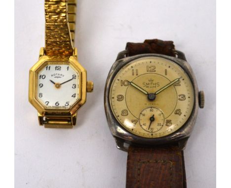 Rotary; a ladies' yellow metal vintage octagonal wristwatch with yellow metal bark-effect expandable strap and a vintage Smit