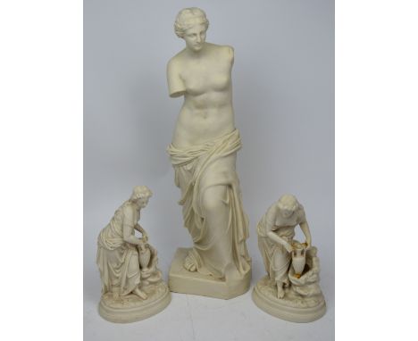 A pair of 20th century Parian figures (one af), each of a Grecian woman holding an urn and a Parian depiction of Venus de Mil