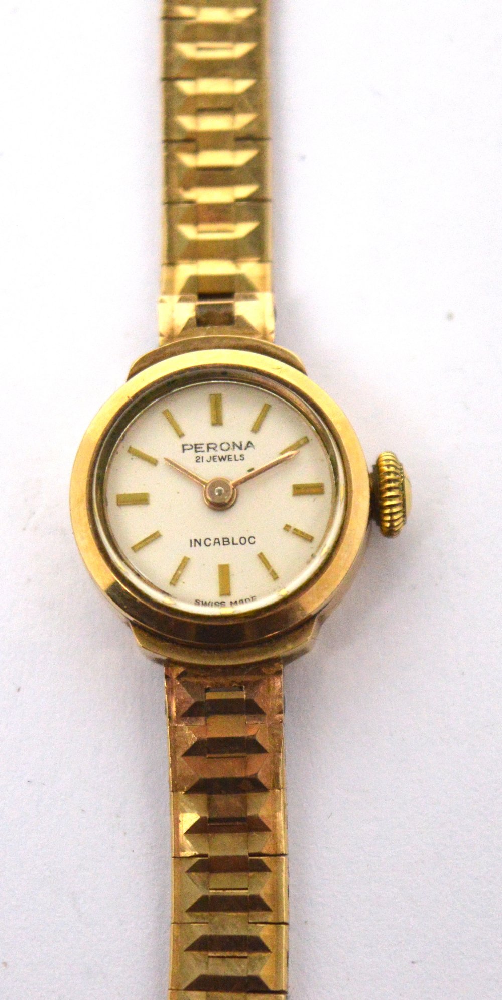 A 9ct yellow gold Perona ladies' wristwatch, circular white dial set ...