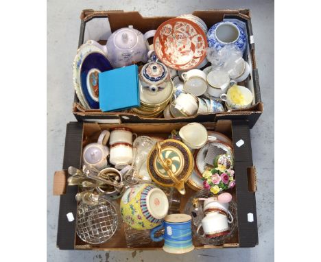 Two boxes of ceramics and glassware to include crystal vases and bowls, a quantity of Adderley teaware, a Noritake cobalt and