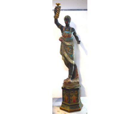 A 20th century gilt-heightened figural Blackamoor lamp stand raised on pedestal base, height approx 205cm, converted to elect