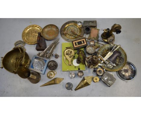 A quantity of brassware, silver plated items and further metalware to include brass trays, a brass stick telephone, flatware 