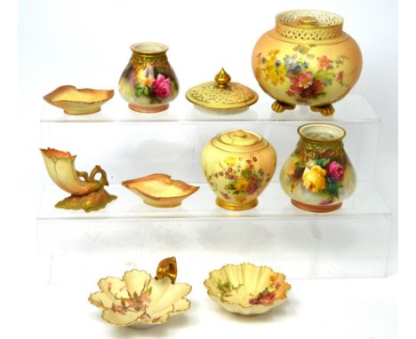 Royal Worcester; a large blush potpourri jar, lid with pierced floral decoration, body with painted floral sprigs, a further 