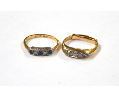 An 18ct gold dress ring, platform set with small blue and white stones, size K and an 18ct gold ring set with five graduating