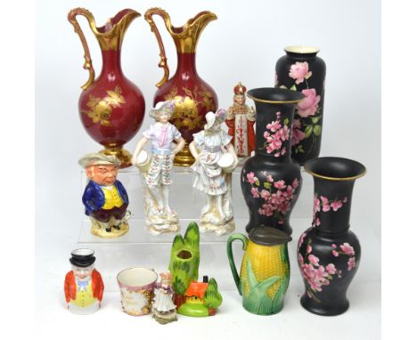 A mixed quantity of ceramics to include a Crown Ducal cylindrical baluster vase, black ground with floral motif, a pair of Ca