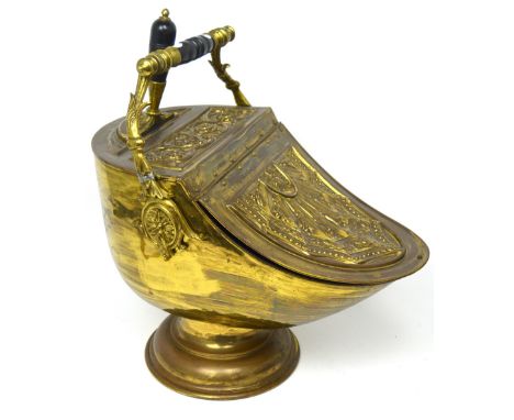 An early 20th century glass coal bin with Art Nouveau shell, flora and foliate decoration with a matching shovel.