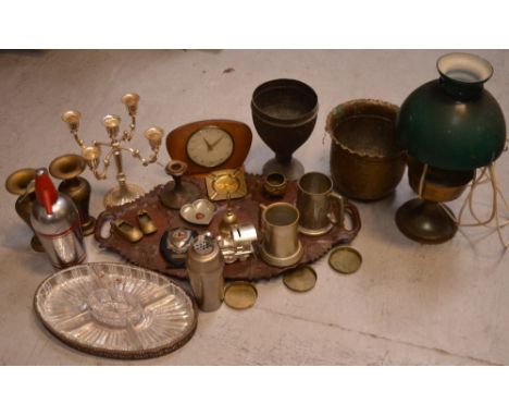 A collectors' lot comprising large carved hardwood twin-handled tray, metalware to include soda siphons, a retro Smiths mante