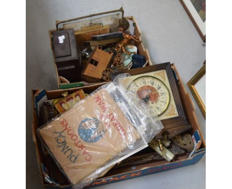 A collectors' lot comprising three clocks to include a Bakelite example, an oversized fan, signage, a white metal Egyptian-st