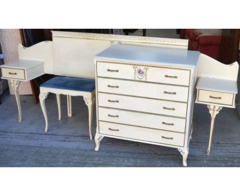 A five-piece cream French boudoir-style bedroom suite comprising a two-door wardrobe with ceramic plaques with Fragonard scen