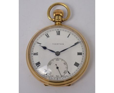 Vertex; a gentlemen's 9ct gold open face pocket watch, enamel dial set with Roman numerals and subsidiary seconds movement, d