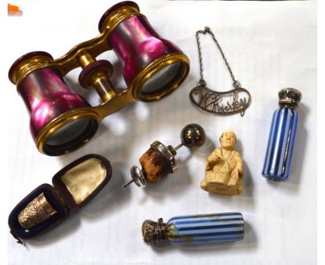 A collectors' lot to include a lacquered brass and dyed mother of pearl bound set of opera glasses inscribed 'Jumelle Duchess