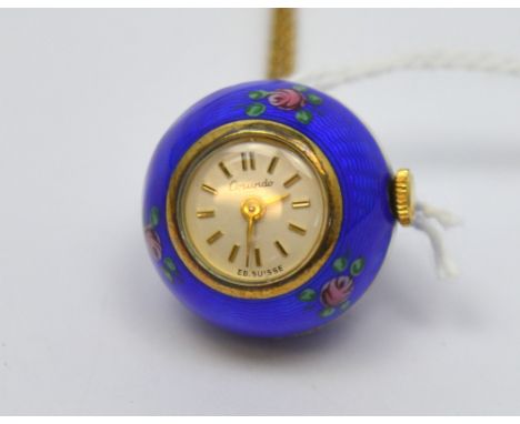  Corundo; a c1960s ladies' pendant watch, sterling silver gold-washed ball case, with Royal Blue guilloché and floral enamel,
