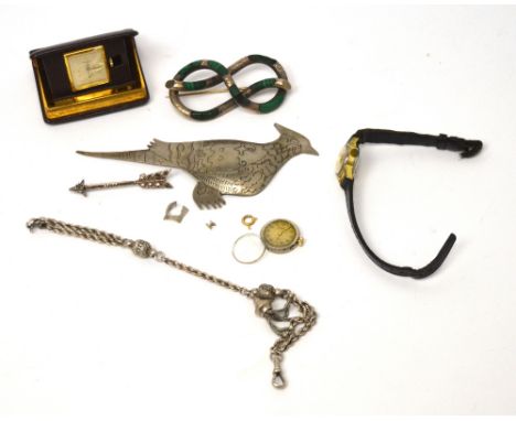 A quantity of costume jewellery to include a silver arrow and quiver set with malachite, a white metal engraved knot brooch s