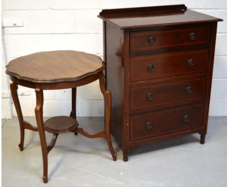 An Edwardian mahogany inlaid four-drawer chest of drawers on turned supports, 78cm and an Edwardian walnut round table on cur