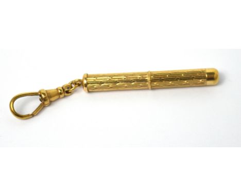 A 9ct yellow gold engine-turned retractable toothpick on suspension clip, approx 7.1g.