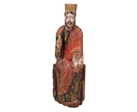 Catalan School. Romanesque. Circa 1175."Christ in Majesty. Maiestas Domini""Carved and polychrome wooden sculpture.47 x 15 x 