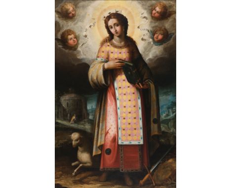 Attributed to Francisco del Pozo (Milan, Italy, XVI century - Active in Tunja at the end of the XVI century).“Saint Agnes”Oil