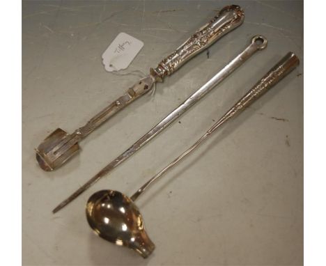 An early 20th century silver plated Stilton scoop stamped to the collar Tiffany & Co. together with a silver plated meat skew