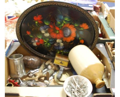 A box of miscellaneous items to include; Toleware style tray, stoneware advertising bottle for Talbot & Co of Ipswich, pewter