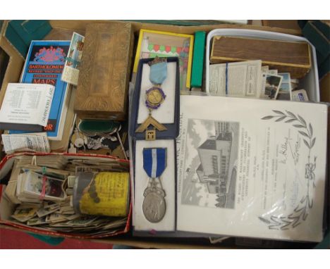A large collection of miscellaneous items to include; silver gilt and enamelled masonic jewel from the Cromwell Lodge No.6971