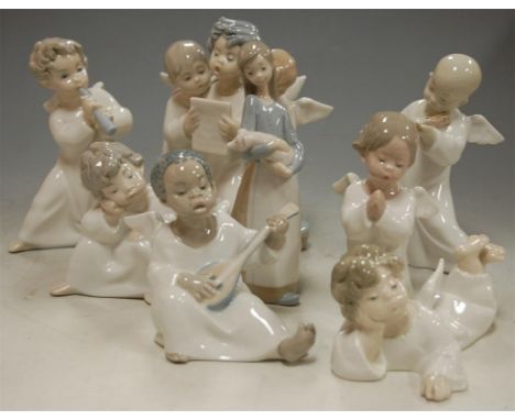 A collection of seven various Lladro porcelain figures of cherubs; together with one other Lladro figure of a girl with a pig