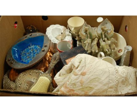 A box of miscellaneous china to include pair of continental figural centrepieces, Royal commemorative cups and saucers, jelly
