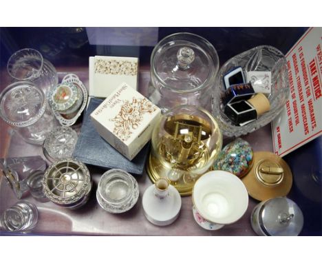 A box of miscellaneous items to include; anniversary clock under dome, various trinket jars and covers, glass paperweight etc