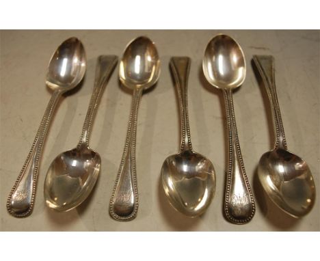 A set of six Victorian silver teaspoons in the beaded Old English pattern