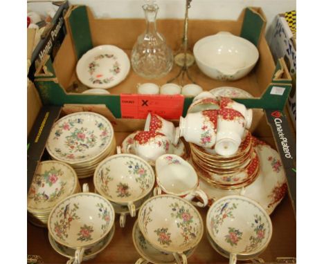 Two boxes of miscellaneous china and glass ware to include Paragon part tea service in the Rockingham pattern together with A